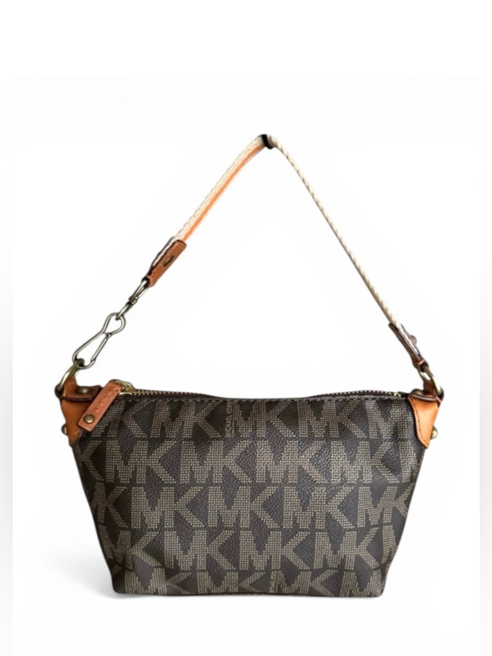 Michael Kors Signature Monogram Small Shoulder Bag Brown Leather Handbag